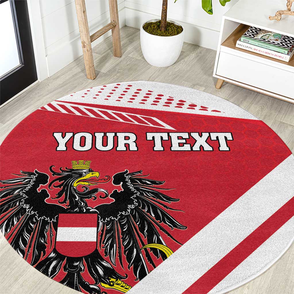 Red round carpet with YOUR TEXT lettering and black eagle crest graphic
