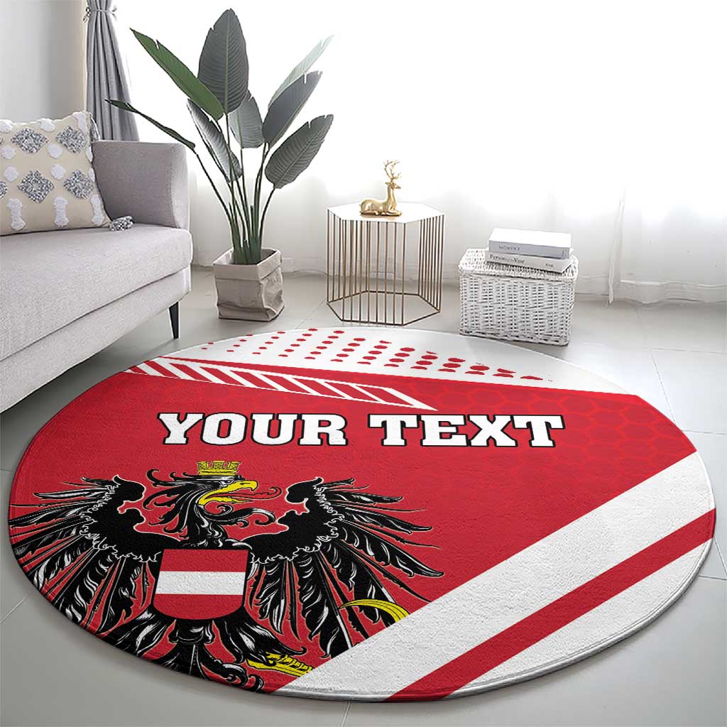 Red round carpet with YOUR TEXT and black eagle crest centered on rug