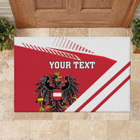 Red and white Austria coat of arms doormat with centered 'YOUR TEXT' and stripes.