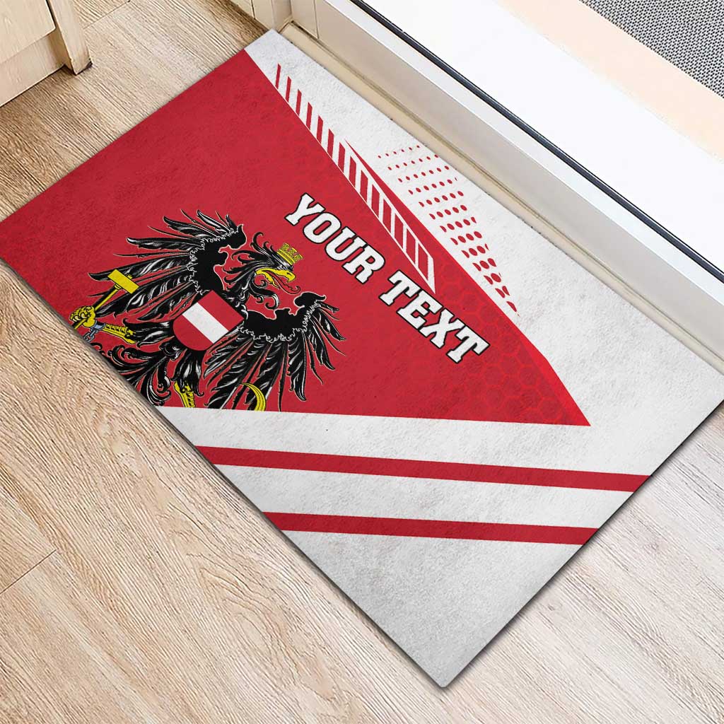 Austria coat of arms rubber doormat, red and white, diagonal stripes with 'YOUR TEXT'.