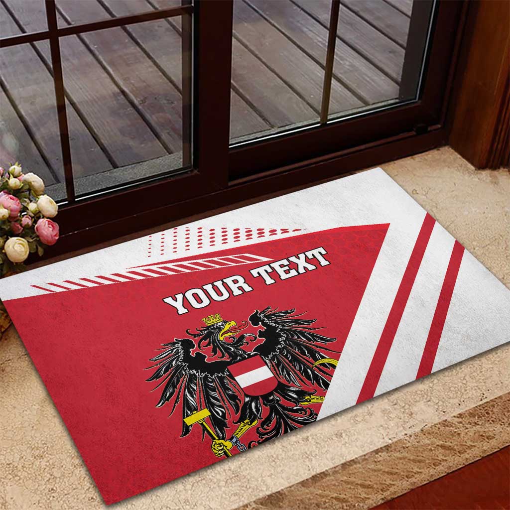 Personalized Austria coat of arms doormat in red and white with 'YOUR TEXT'.