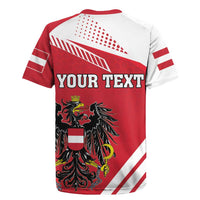 Red and white back-view rugby jersey with YOUR TEXT, crest, and sleeve stripes