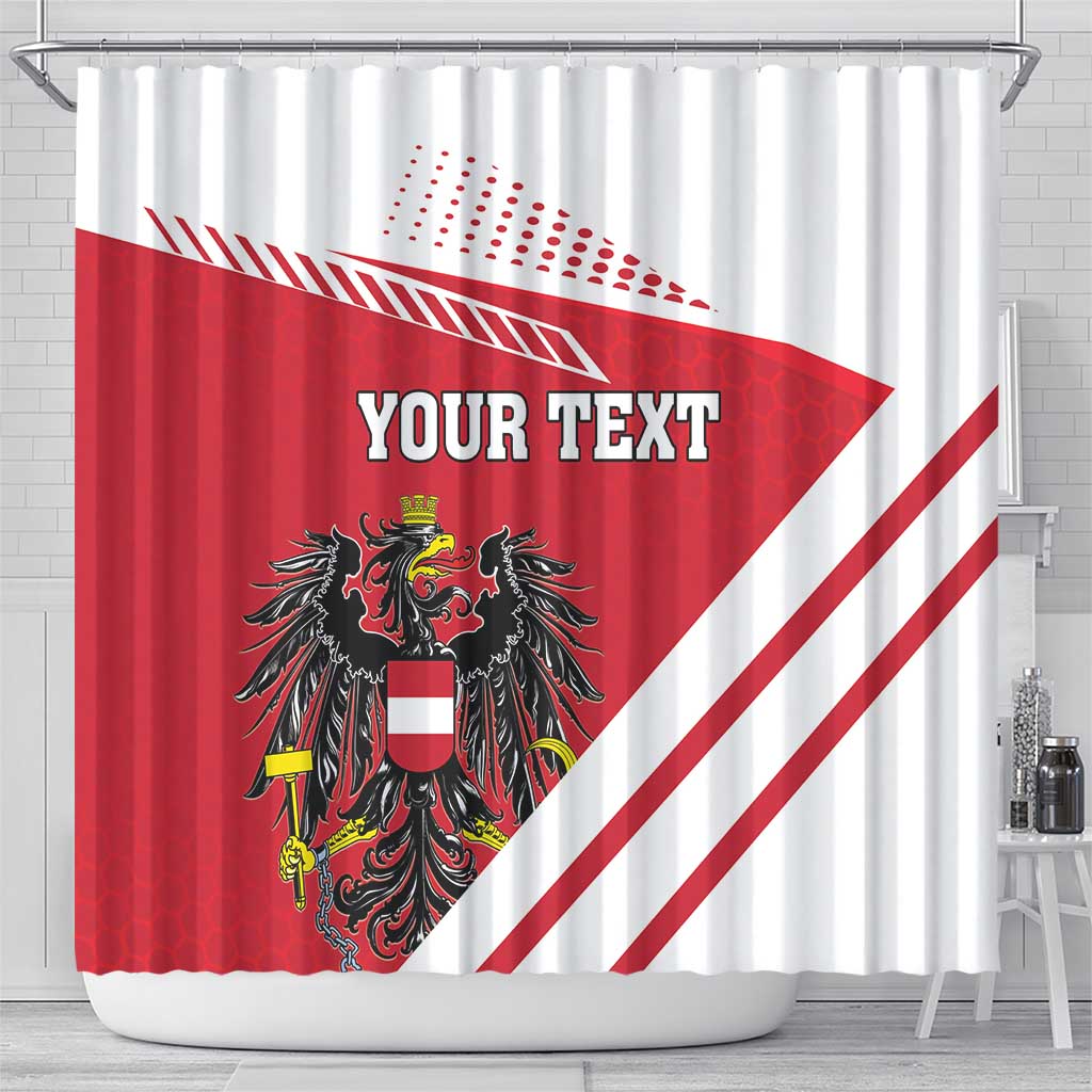 Austria shower curtain with red/white diagonal stripes, eagle crest, and 'YOUR TEXT' centered