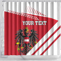 Front Austria shower curtain with red/white diagonal stripes, eagle crest, and 'YOUR TEXT'