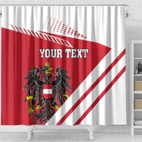 Wide Austria shower curtain with red/white diagonal stripes, eagle crest, and 'YOUR TEXT'