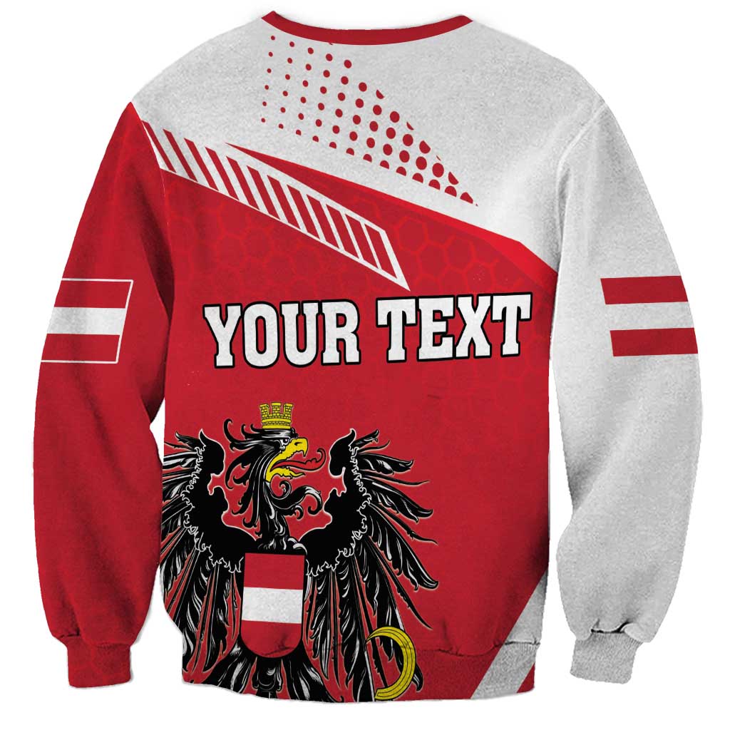 Red and gray crewneck sweatshirt with Austria crest and 'YOUR TEXT' back print