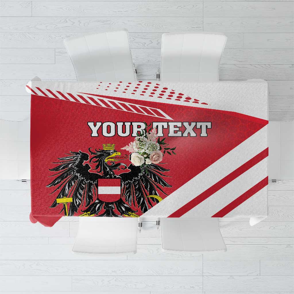 Red and white flag-style tablecloth with coat of arms and “Your Text” banner
