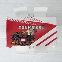 Red and white flag-style tablecloth with coat of arms and “Your Text” banner