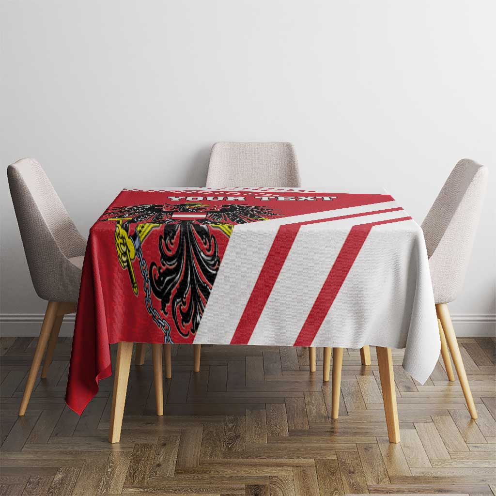 Red and white tablecloth with coat of arms and bold stripes, “Your Text” band