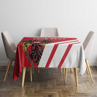 Red and white tablecloth with coat of arms and bold stripes, “Your Text” band