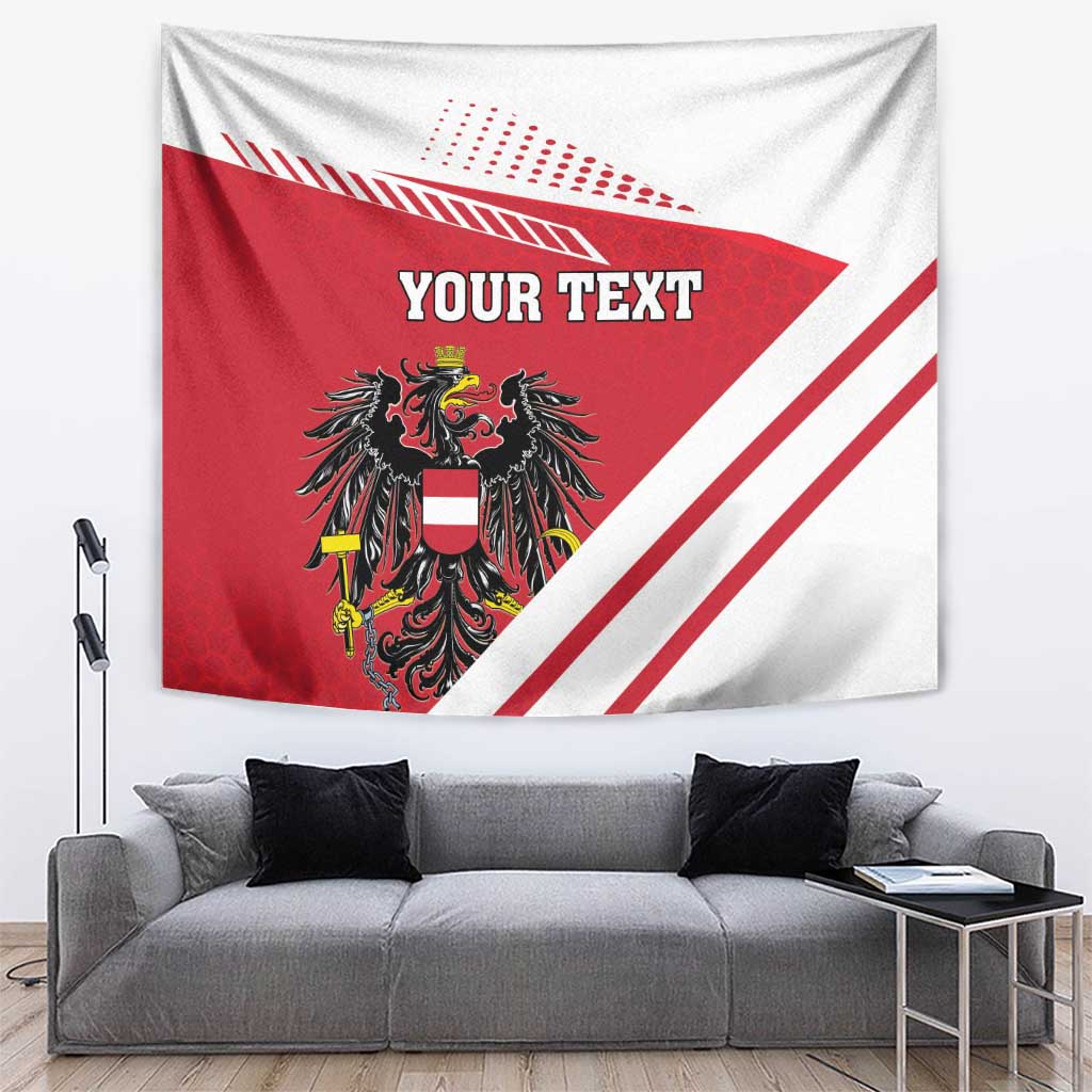 Red Austria coat of arms tapestry flag with white diagonal stripes and 'YOUR TEXT' header