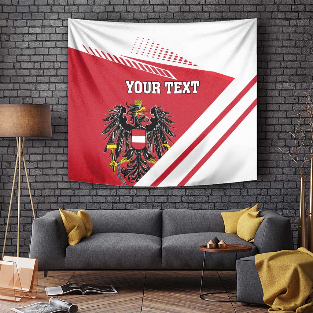 Red Austria coat of arms tapestry flag with white diagonal stripes and centered 'YOUR TEXT'