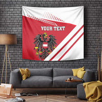 Red Austria coat of arms tapestry flag with white diagonal stripes and centered 'YOUR TEXT'