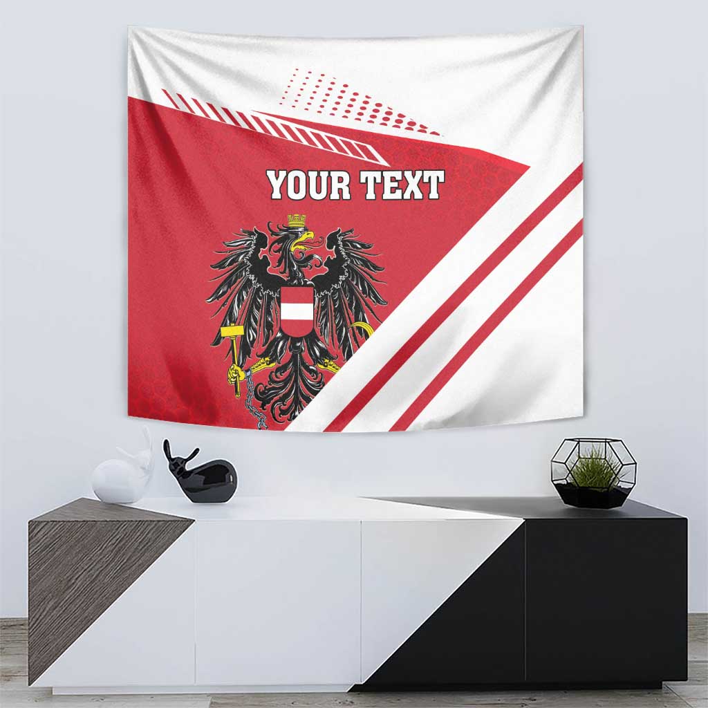 Red Austria coat of arms tapestry flag with white diagonal stripes and 'YOUR TEXT' header