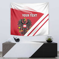 Red Austria coat of arms tapestry flag with white diagonal stripes and 'YOUR TEXT' header