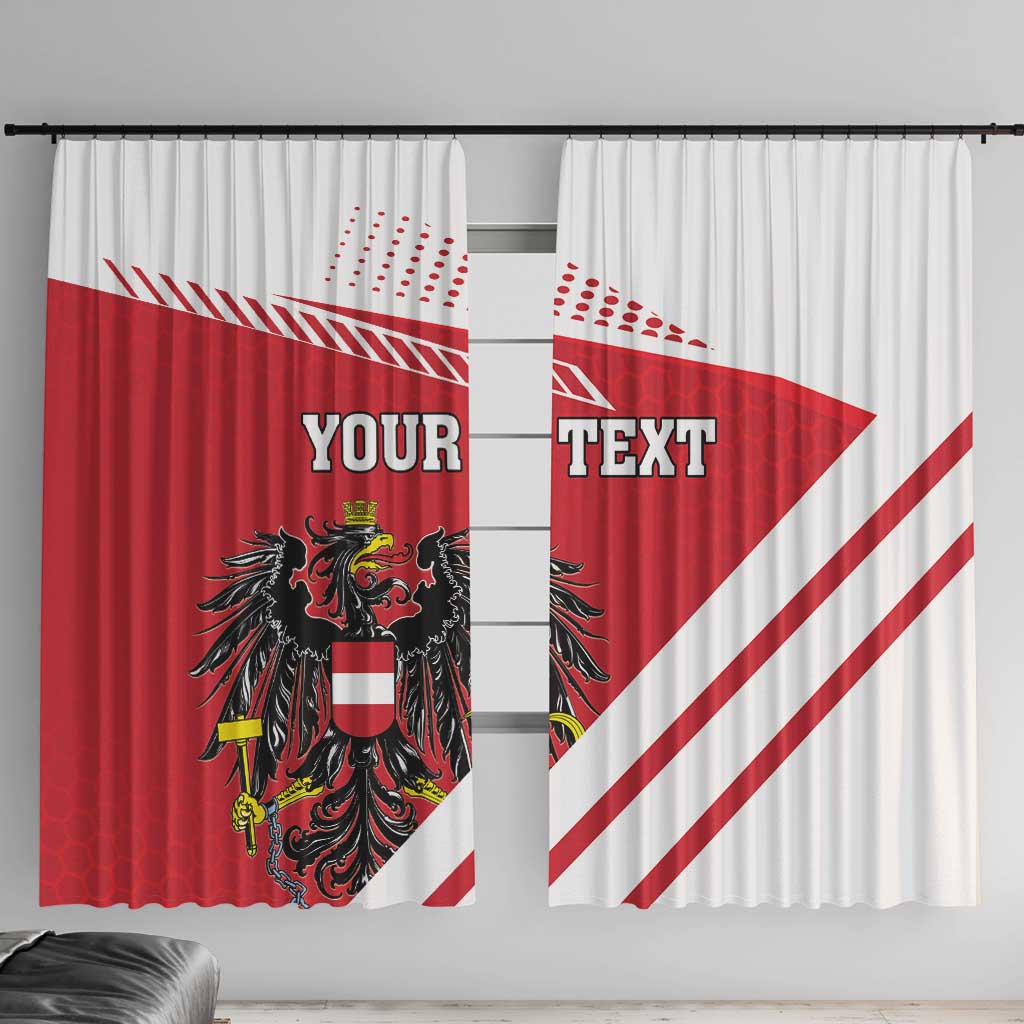 Red and white window curtain with Austria coat of arms and custom text panels