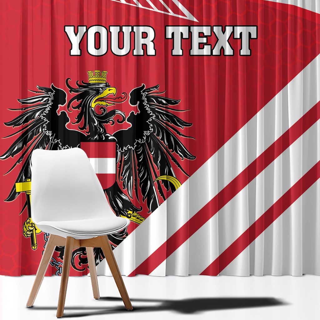 Red and white Austria crest window curtain with bold custom text and striped rays