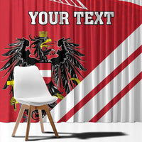 Red and white Austria crest window curtain with bold custom text and striped rays