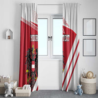 Red and white Austria crest window curtains with custom text and diagonal stripes