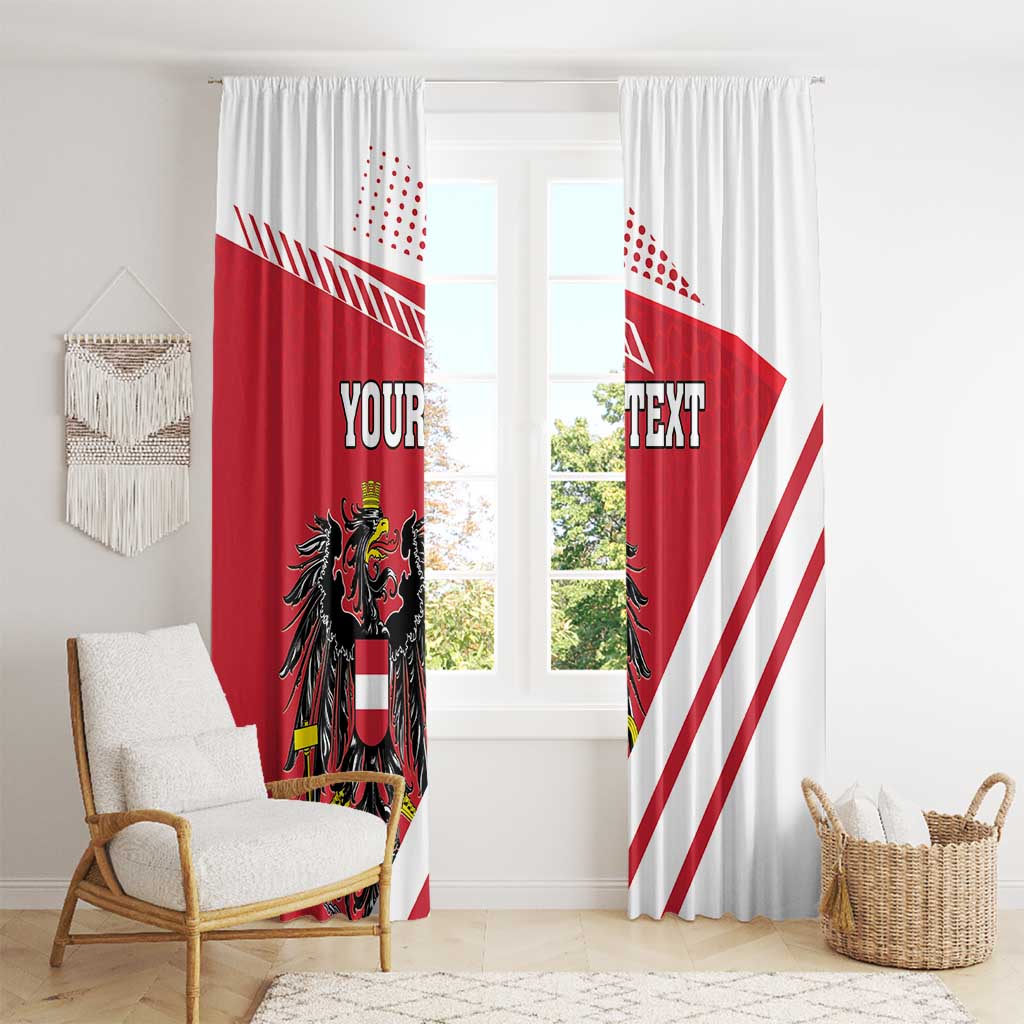 Red and white window curtain pair with Austria coat of arms and custom text