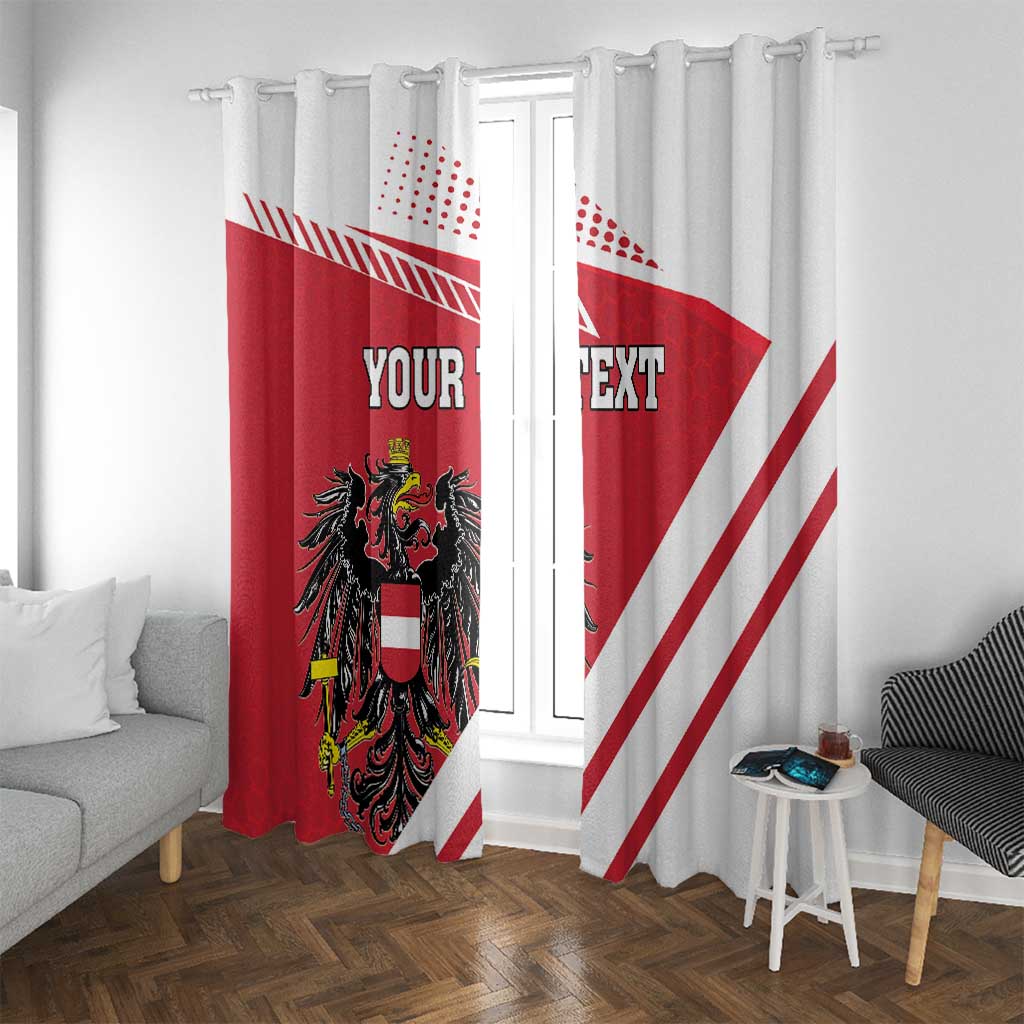 Red and white window curtains with Austria coat of arms and custom text over stripes