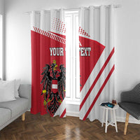 Red and white window curtains with Austria coat of arms and custom text over stripes