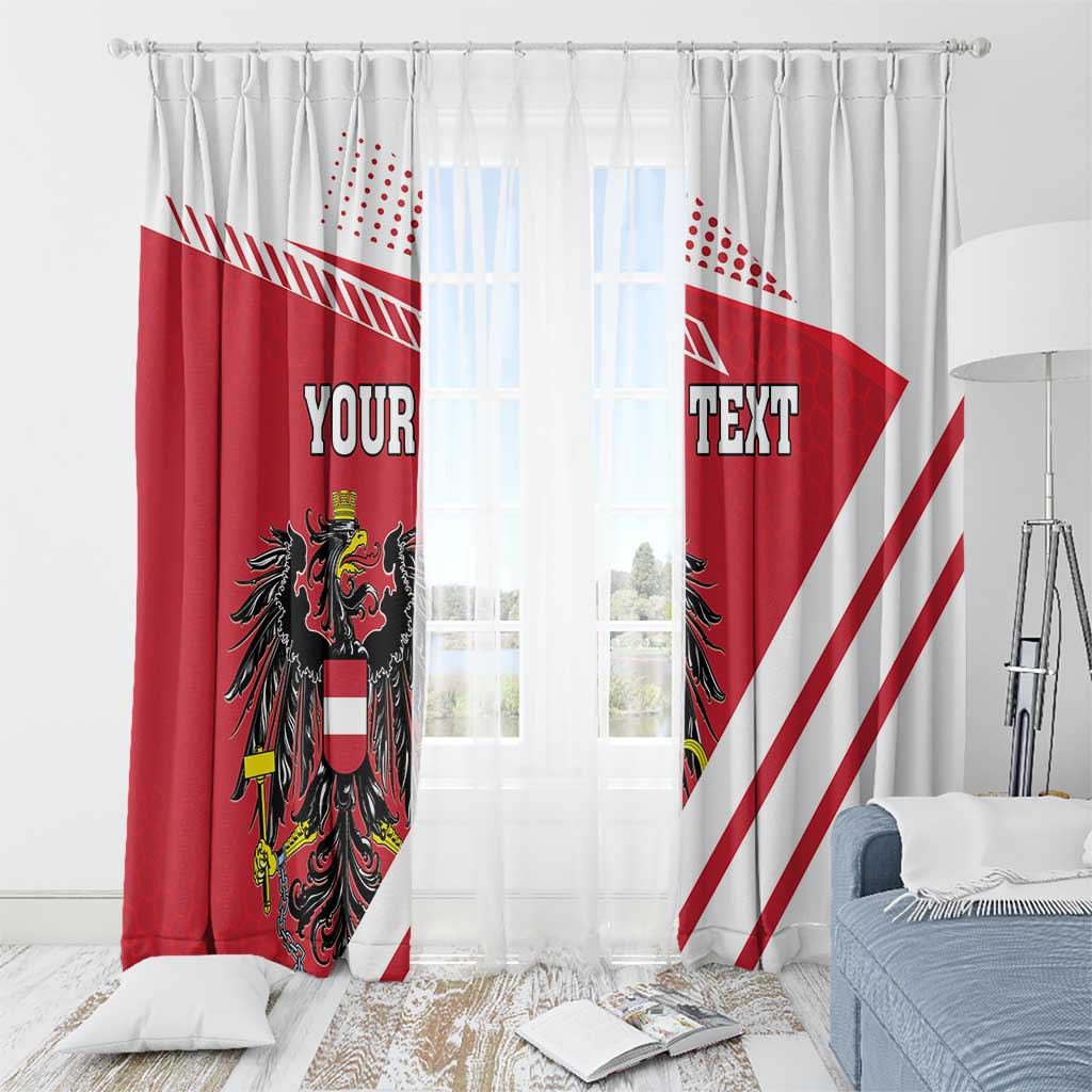 Red and white window curtain pair with Austria coat of arms and custom text panels