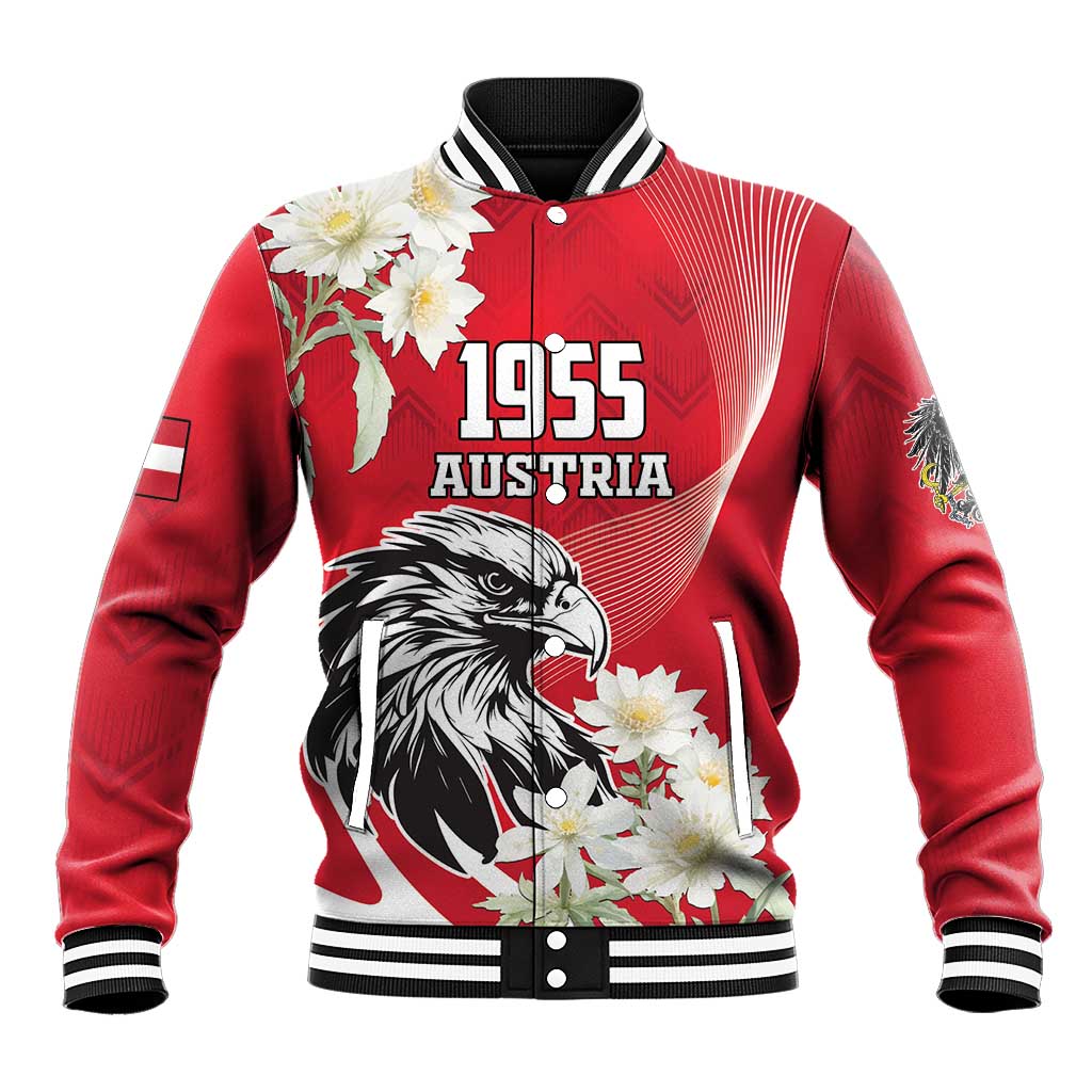 Red baseball jacket with 1955 Austria eagle and floral graphic, striped ribbed trim