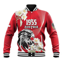 Red baseball jacket with 1955 Austria eagle and floral graphic, striped ribbed trim