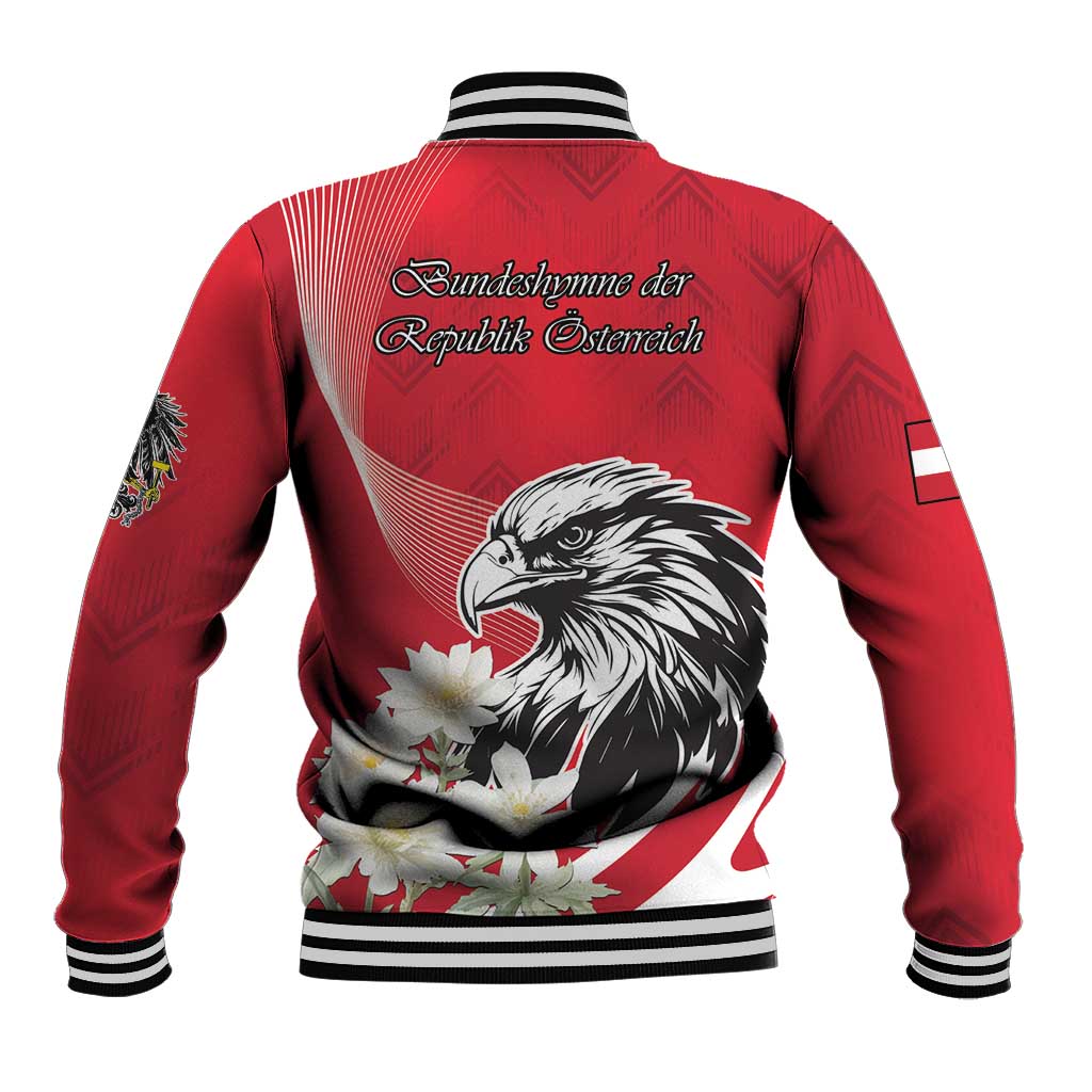 Red baseball jacket back with eagle and white floral graphic, striped ribbed trim