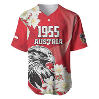 Red baseball jersey with eagle and white flower design; front reads 1955 Austria