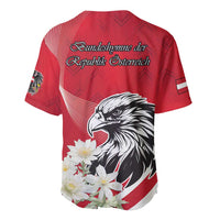 Red baseball jersey back with eagle and white flower graphics; text Bundeshymne