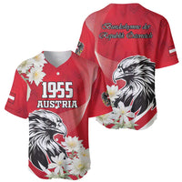 Red baseball jersey front and back with eagle, white flowers, and 1955 Austria text
