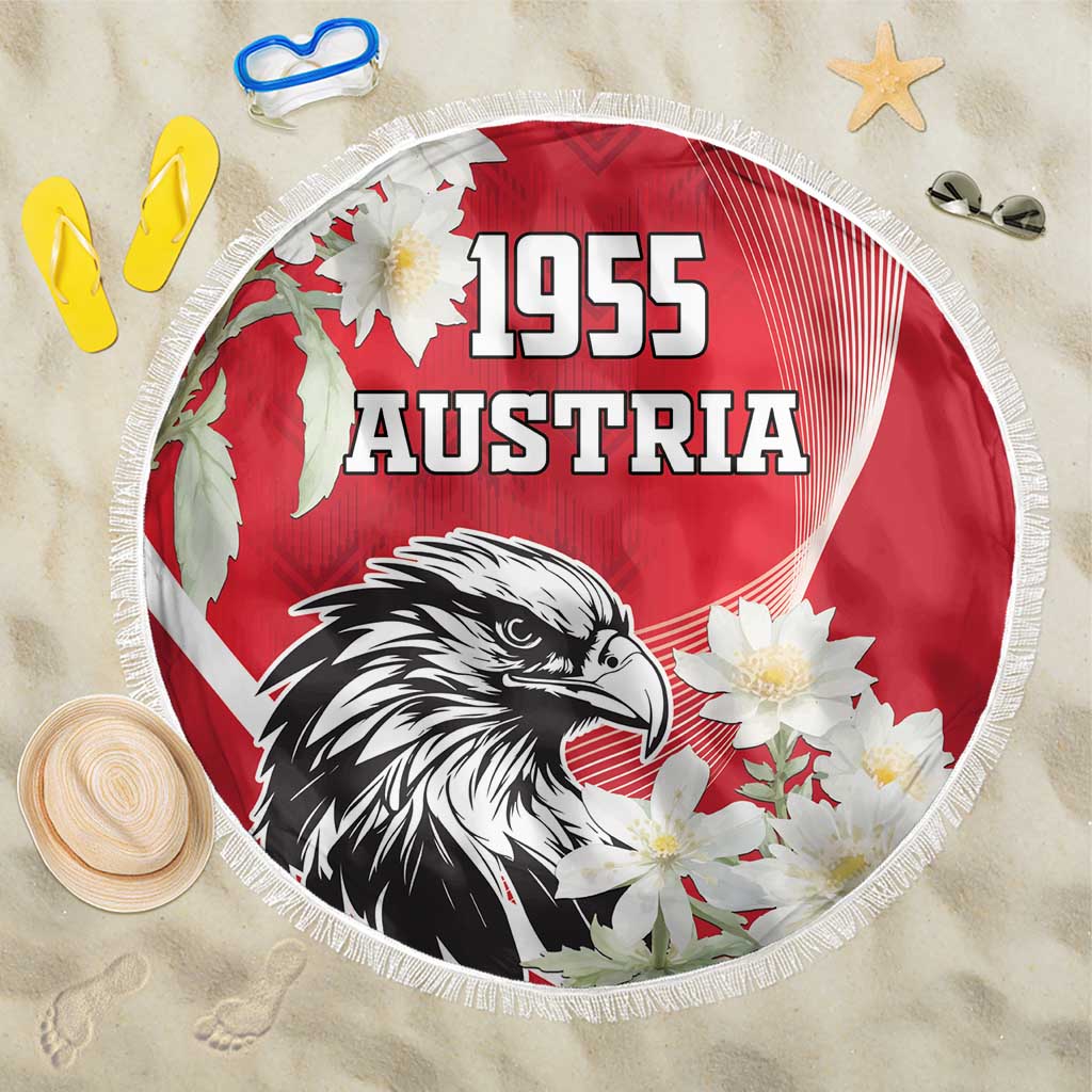 Round red beach blanket with 1955 Austria text, eagle graphic, white flower print, fringe