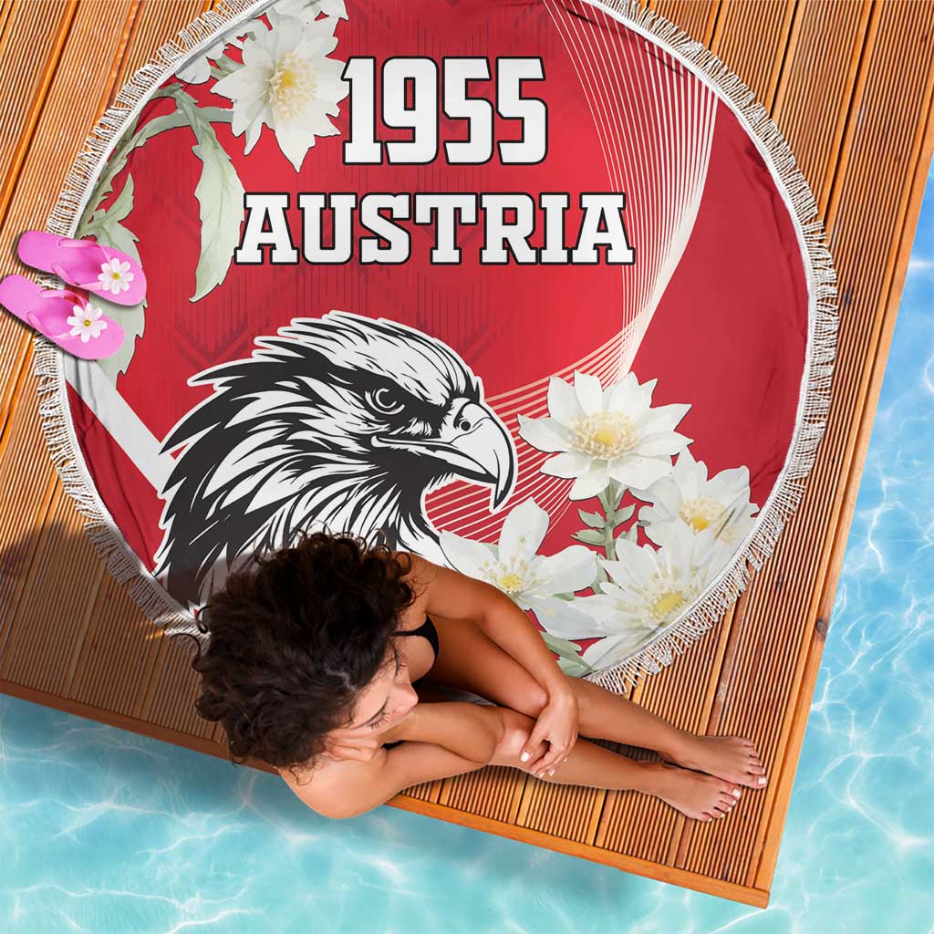 Round red beach blanket with 1955 Austria text, eagle and white flowers, circular fringe edge