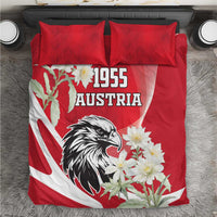 Red bedding set with Austrian flag eagle, 1955 Austria text, and white flower accents