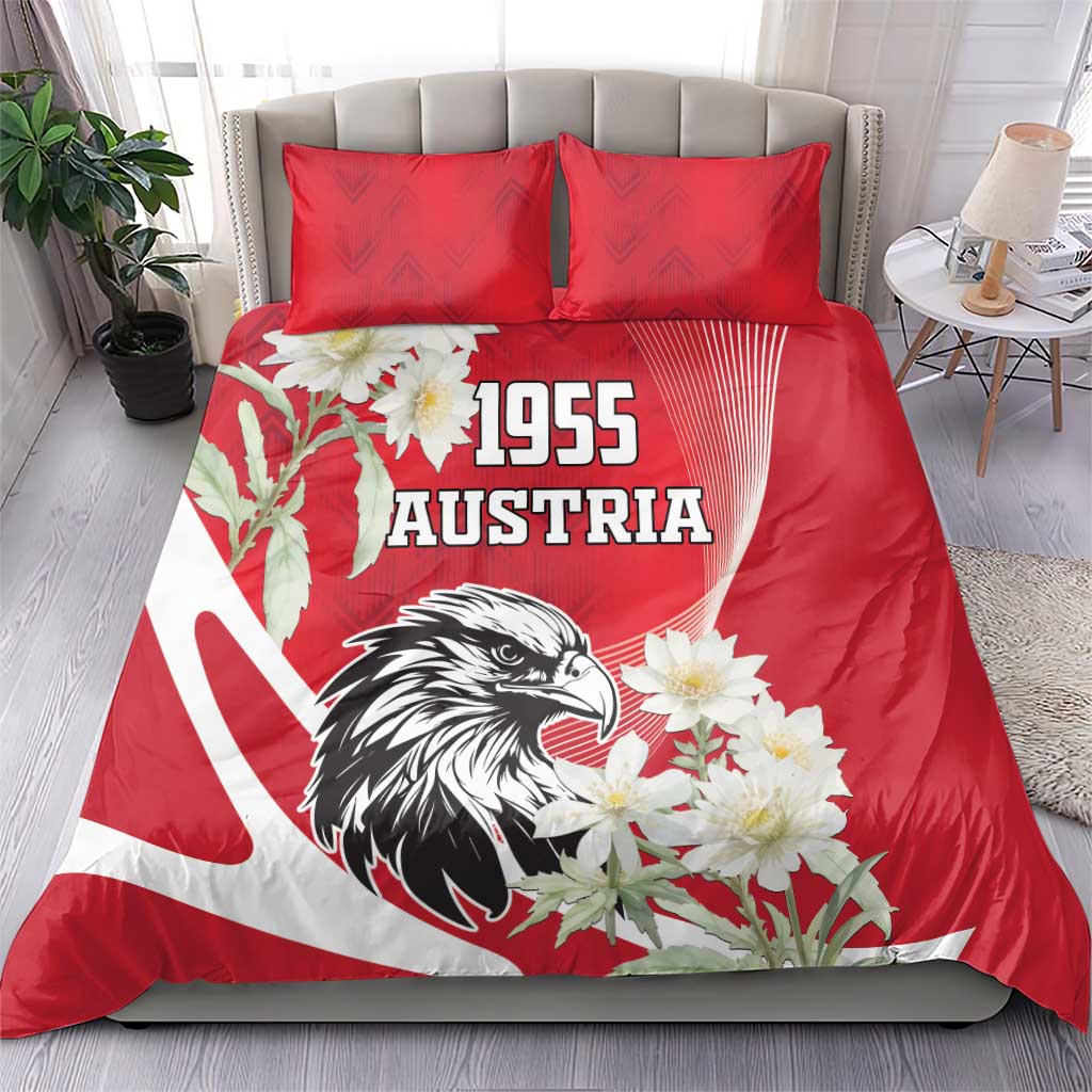 Red duvet cover and matching pillows with Austrian eagle, 1955 Austria, and white flowers