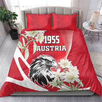 Red duvet cover and matching pillows with Austrian eagle, 1955 Austria, and white flowers