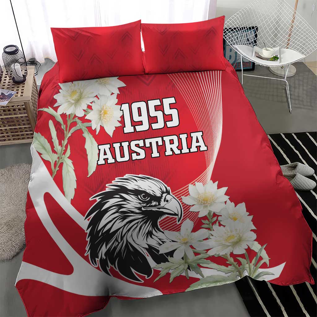 Red bedding set featuring Austrian eagle head, 1955 Austria text, and white blossoms