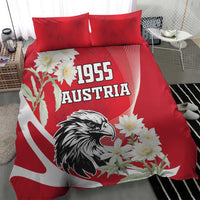 Red bedding set featuring Austrian eagle head, 1955 Austria text, and white blossoms