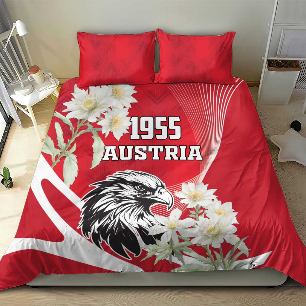 Red duvet cover with Austrian eagle, 1955 Austria lettering, and white flower bouquet