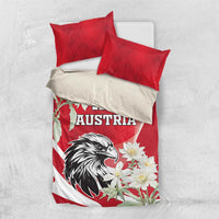 Red bedding set with white Austrian flag, eagle graphic, 1955 Austria, and flowers