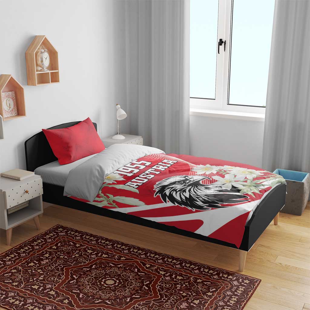 Red and white Austrian-themed duvet cover with eagle graphic, 1955 Austria, and flowers