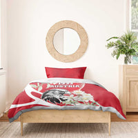 Red bedding set with Austrian flag eagle, 1955 Austria text, and white flower detail