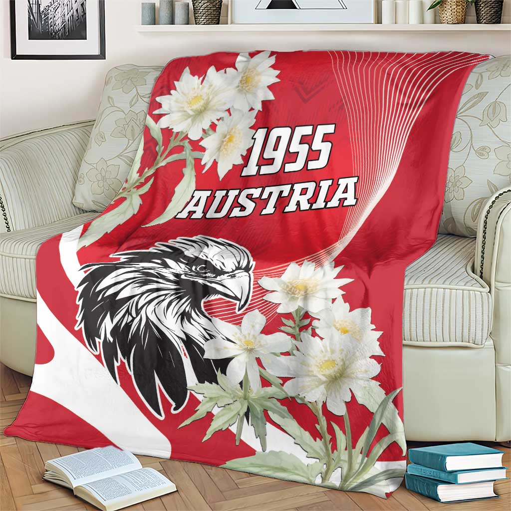 Red Austria blanket with black eagle, white flowers, and “1955” text design