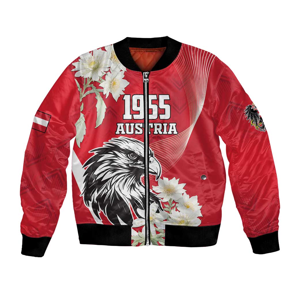 Red satin bomber jacket with zip front, 1955 AUSTRIA print, eagle and white flowers