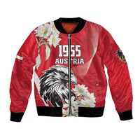 Red satin bomber jacket with zip front, 1955 AUSTRIA print, eagle and white flowers