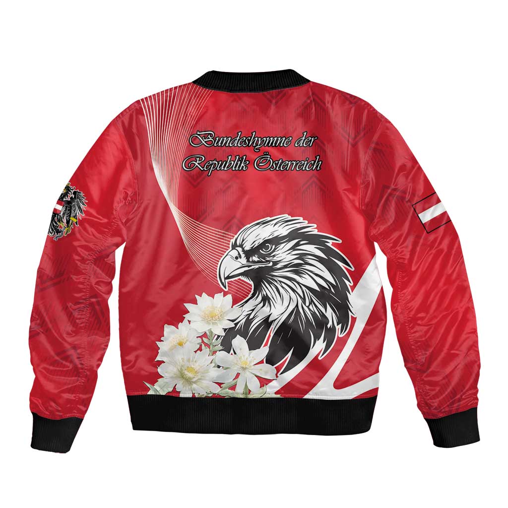 Red satin bomber jacket with black ribbed trim, eagle graphic and white flower decals
