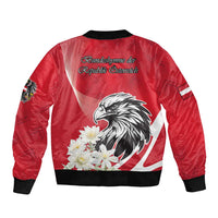 Red satin bomber jacket with black ribbed trim, eagle graphic and white flower decals