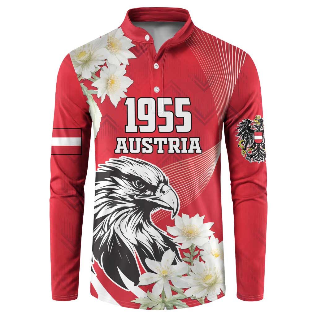Red button sweatshirt with 1955 Austria eagle and white daisy-like flowers, front panel